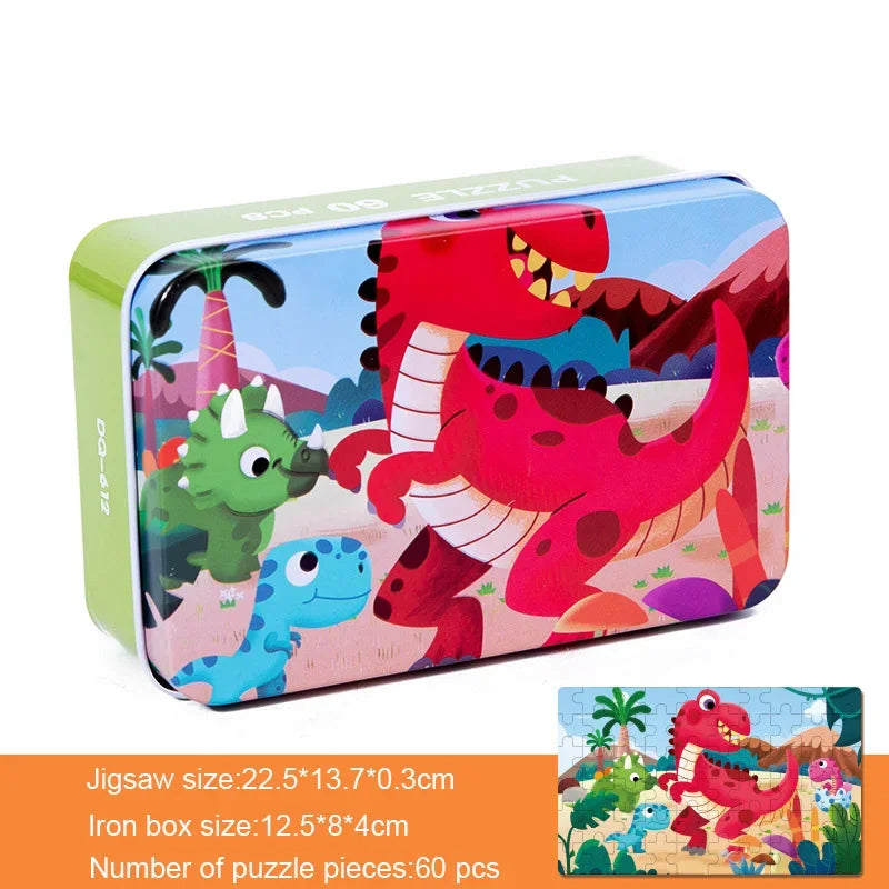 60 Pieces Wooden Puzzle Kids Cartoon Animal/Vehicle Print Jigsaw Puzzle Toy with Iron Box Baby Early Educational Toys Gift