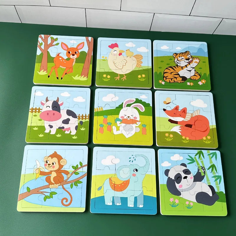 New 9 Piece Wooden Puzzle Toy Educational Cognitive Learning for Toddlers Cartoon Animals Vehicles Toddler Board Kids Gift