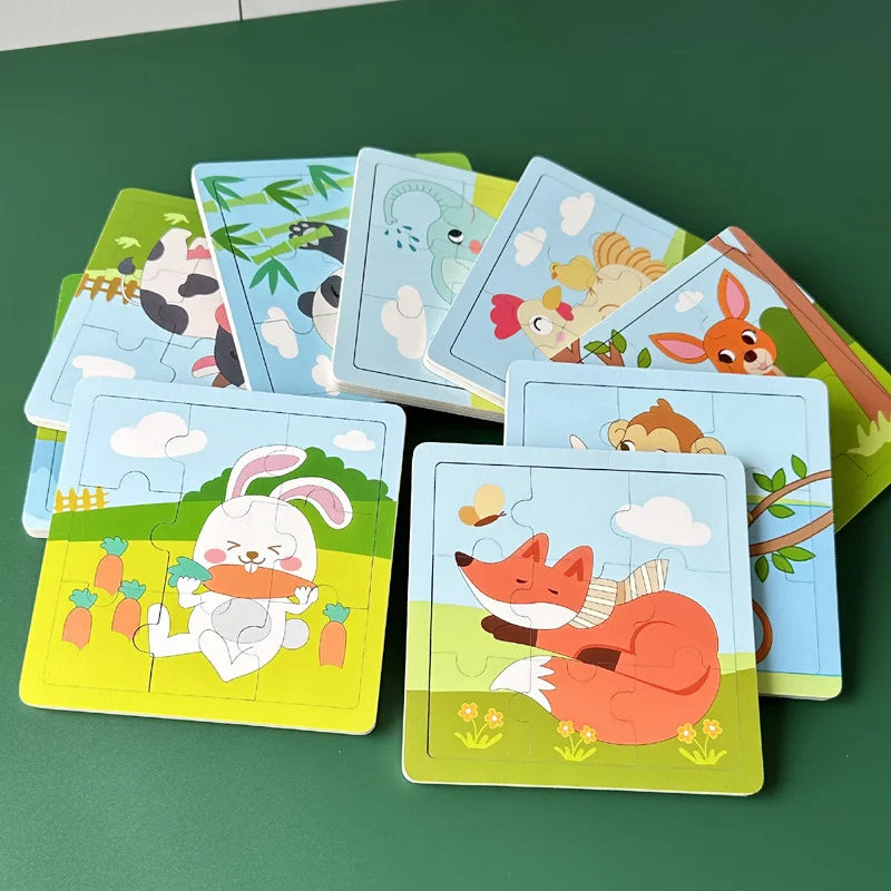 New 9 Piece Wooden Puzzle Toy Educational Cognitive Learning for Toddlers Cartoon Animals Vehicles Toddler Board Kids Gift