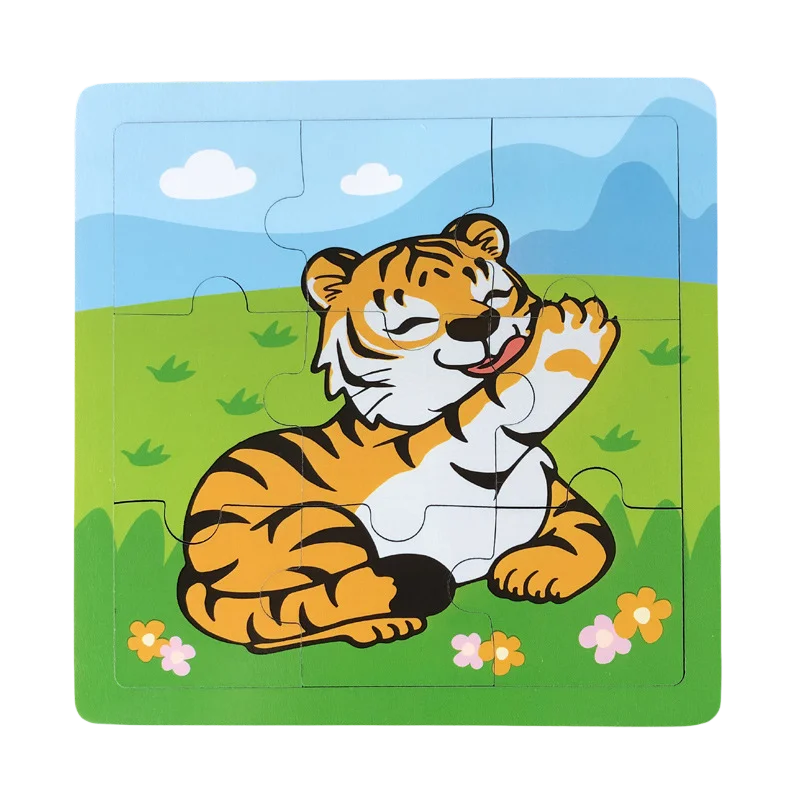 New 9 Piece Wooden Puzzle Toy Educational Cognitive Learning for Toddlers Cartoon Animals Vehicles Toddler Board Kids Gift