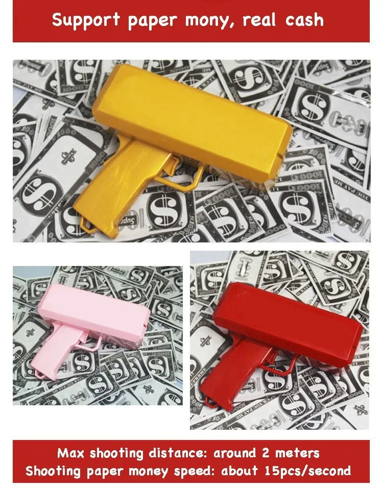 Funny Toys Gun Banknote Gun Pistol Party toys Games Cash Cannon Party Games for Banknotes Wedding Golden 100pcs Fake Money Bills