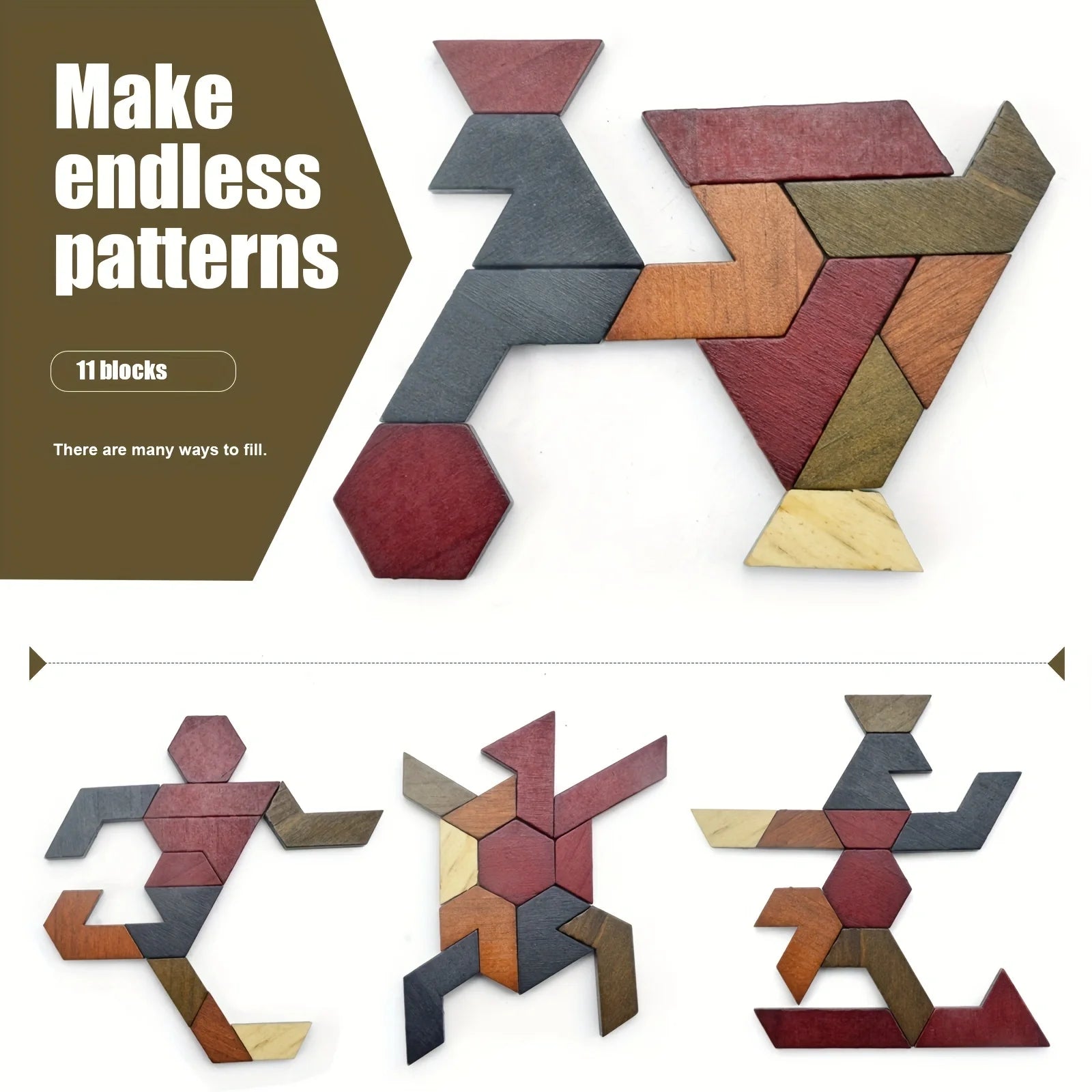 Hexagon Tangram Puzzle, Wooden Puzzle Toys for Children and Adults, Challenging Puzzles Wooden Brain Teasers Puzzle for Adults