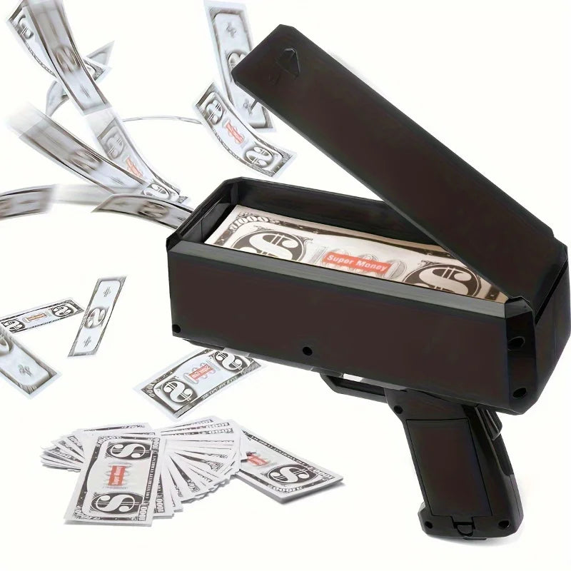 Toy Money Gun with 100 Prop Bills - Spray Machine for Party Entertainment - Requires Batteries (Not Included)