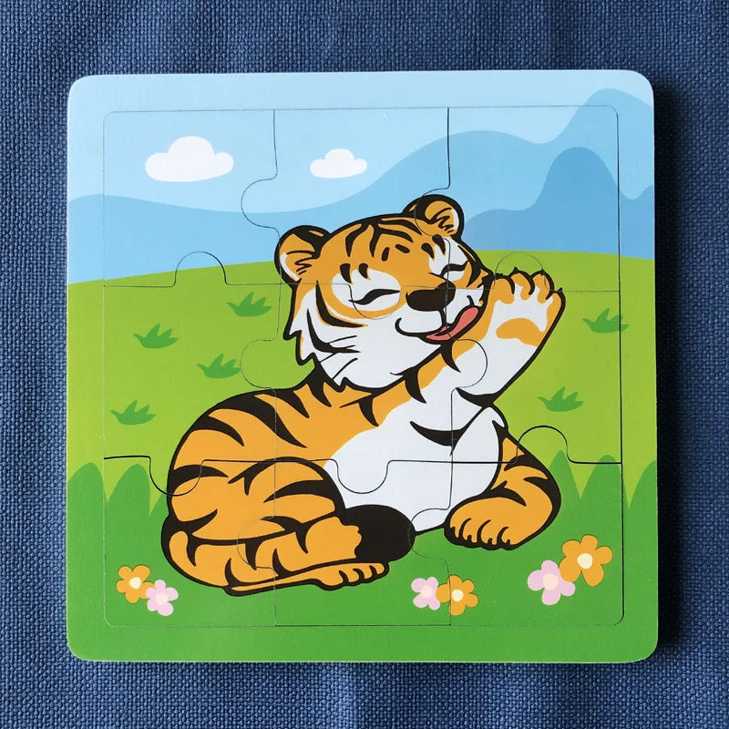 New 9 Piece Wooden Puzzle Toy Educational Cognitive Learning for Toddlers Cartoon Animals Vehicles Toddler Board Kids Gift