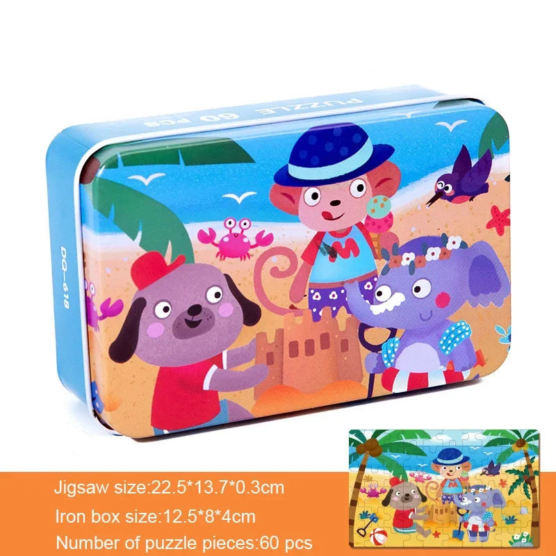 60 Pieces Wooden Puzzle Kids Cartoon Animal/Vehicle Print Jigsaw Puzzle Toy with Iron Box Baby Early Educational Toys Gift