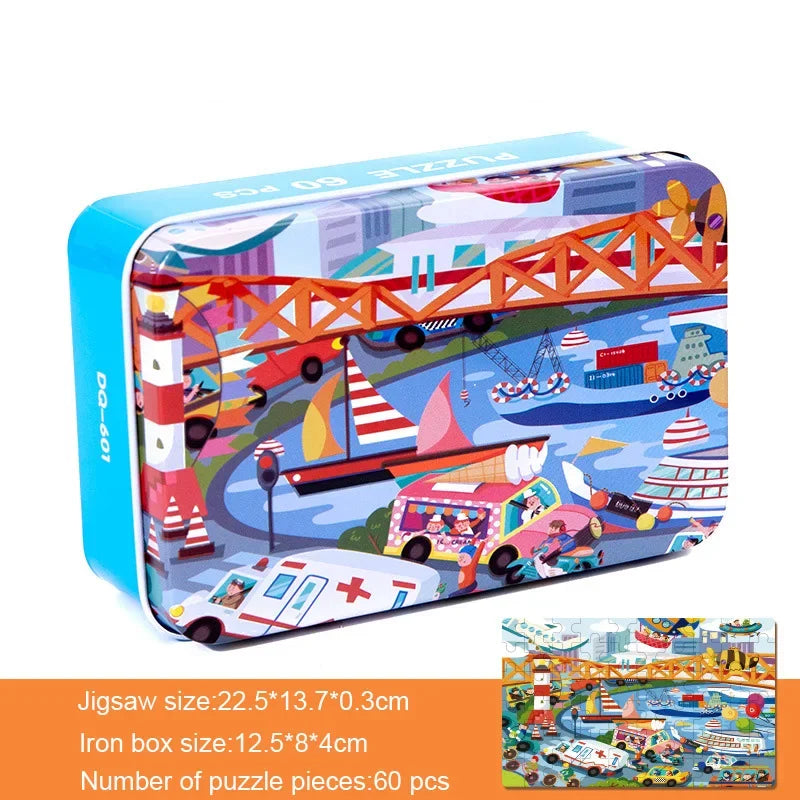 60 Pieces Wooden Puzzle Kids Cartoon Animal/Vehicle Print Jigsaw Puzzle Toy with Iron Box Baby Early Educational Toys Gift