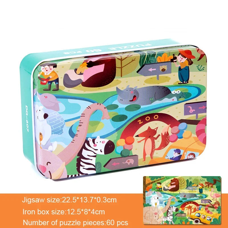 60 Pieces Wooden Puzzle Kids Cartoon Animal/Vehicle Print Jigsaw Puzzle Toy with Iron Box Baby Early Educational Toys Gift