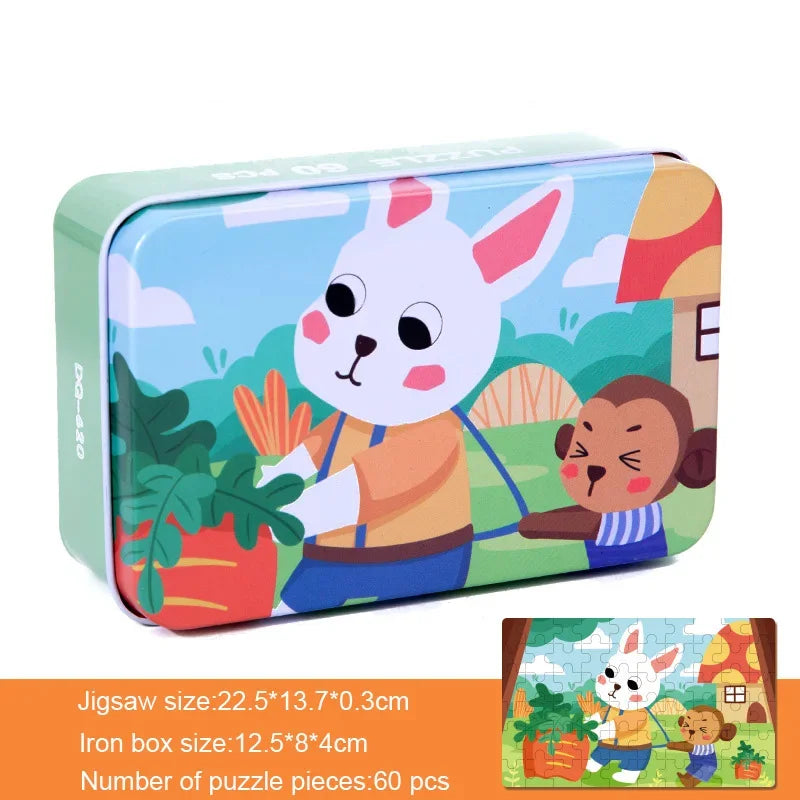 60 Pieces Wooden Puzzle Kids Cartoon Animal/Vehicle Print Jigsaw Puzzle Toy with Iron Box Baby Early Educational Toys Gift