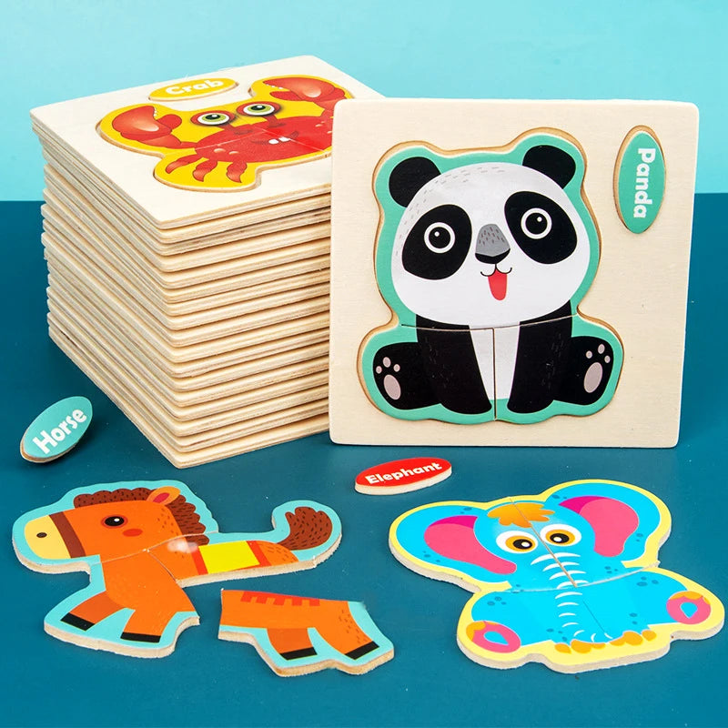 3D Wooden Puzzle Kids Cartoon Animal Traffic Jigsaw Puzzle Montessori Toys for Children Intelligence Early Learning Educational