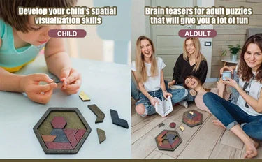 Hexagon Tangram Puzzle, Wooden Puzzle Toys for Children and Adults, Challenging Puzzles Wooden Brain Teasers Puzzle for Adults