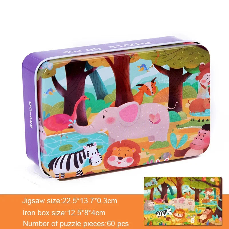 60 Pieces Wooden Puzzle Kids Cartoon Animal/Vehicle Print Jigsaw Puzzle Toy with Iron Box Baby Early Educational Toys Gift