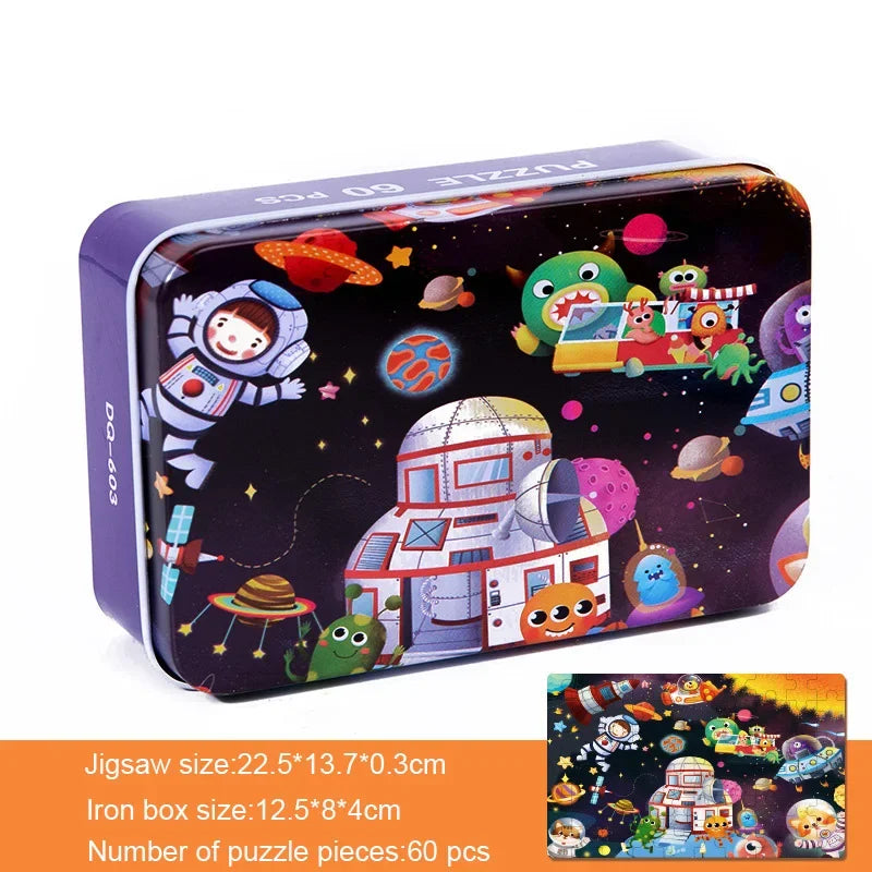 60 Pieces Wooden Puzzle Kids Cartoon Animal/Vehicle Print Jigsaw Puzzle Toy with Iron Box Baby Early Educational Toys Gift