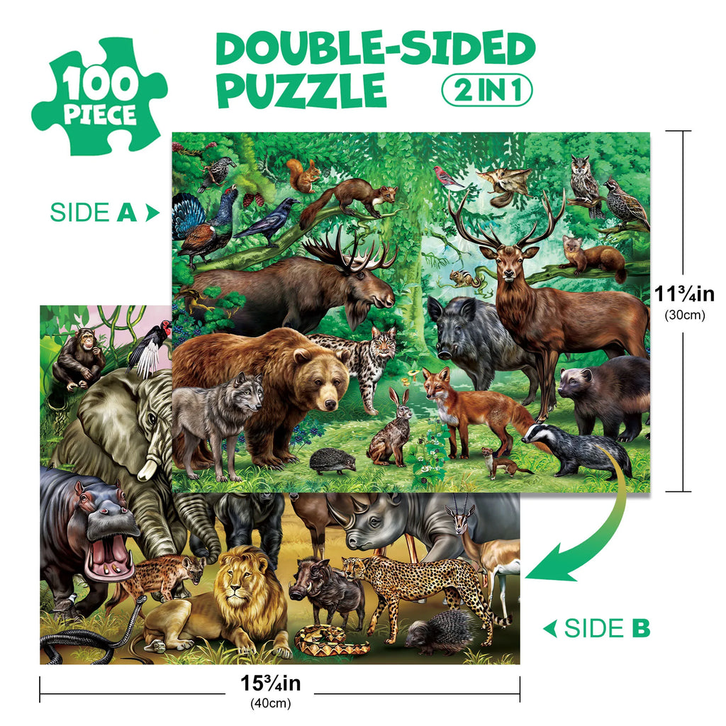 Puzzles for Kids Ages, Double Sided 100 Piece Puzzles, 2 in 1 Puzzle, Wild Animals, Learning Educational Jigsaw Puzzles Toys