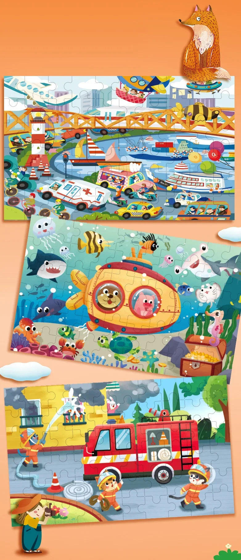 60 Pieces Wooden Puzzle Kids Cartoon Animal/Vehicle Print Jigsaw Puzzle Toy with Iron Box Baby Early Educational Toys Gift