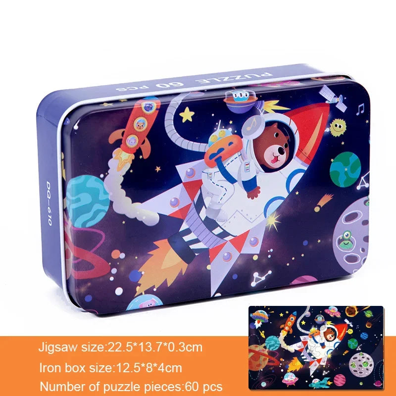 60 Pieces Wooden Puzzle Kids Cartoon Animal/Vehicle Print Jigsaw Puzzle Toy with Iron Box Baby Early Educational Toys Gift