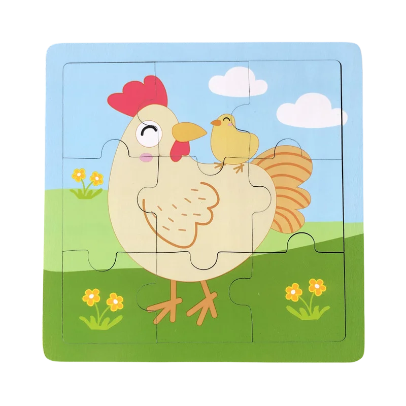 New 9 Piece Wooden Puzzle Toy Educational Cognitive Learning for Toddlers Cartoon Animals Vehicles Toddler Board Kids Gift