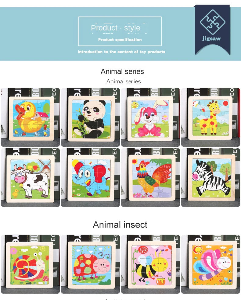 11cm/4.33in Wooden Jigsaw Puzzle Cartoon Animal Traffic Car Wood Puzzles for Kids Montessori Games Children Educational Toys