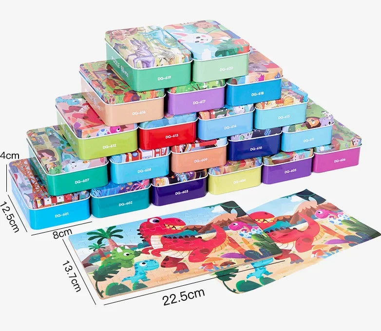 60 Pieces Wooden Puzzle Kids Cartoon Animal/Vehicle Print Jigsaw Puzzle Toy with Iron Box Baby Early Educational Toys Gift