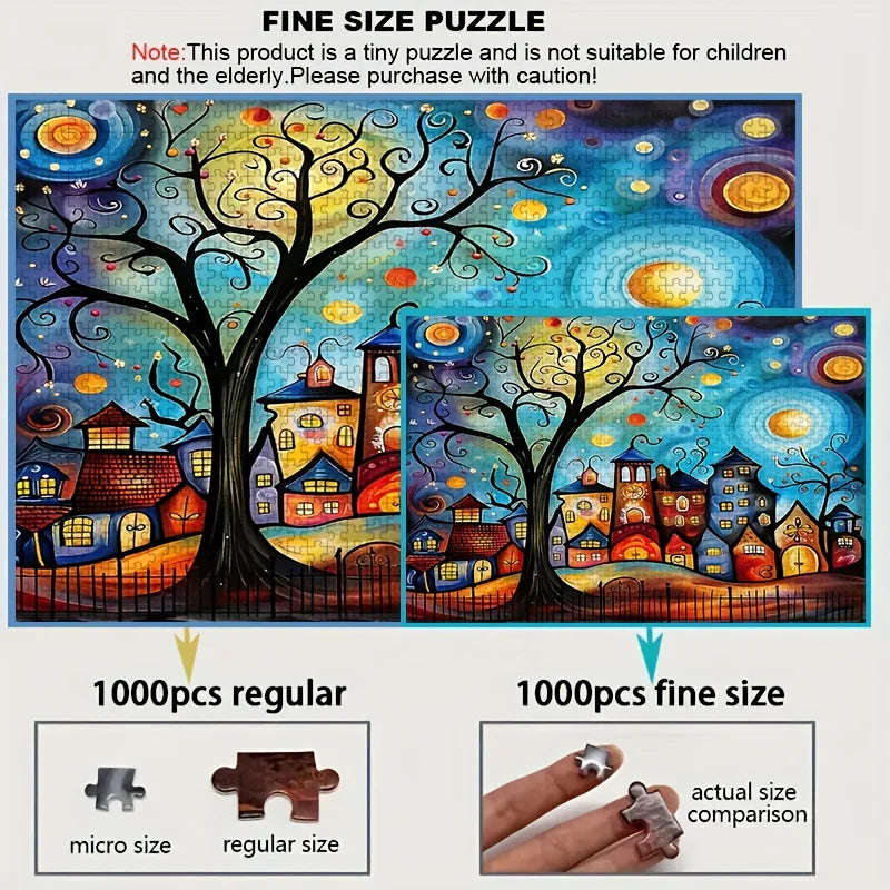 Mini 1000 Pieces Jigsaw Puzzle for Adults Cartoon Town Environmentally Friendly Paper Christmas Gift 14.96x10.24 inches/38x26 cm