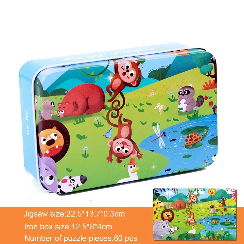 60 Pieces Wooden Puzzle Kids Cartoon Animal/Vehicle Print Jigsaw Puzzle Toy with Iron Box Baby Early Educational Toys Gift