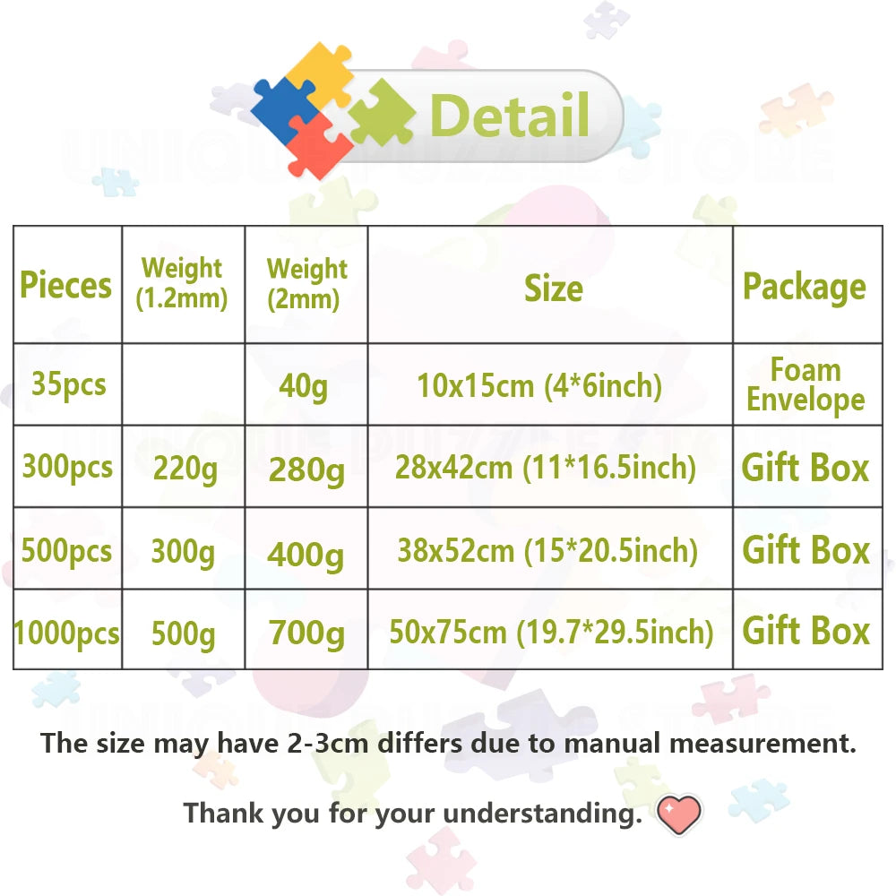 DIY Custom Jigsaw Puzzle Customize Your Own Personalized Picture Puzzle Anniversary Festival Gift Toy 108/200/300/500/1000/1500