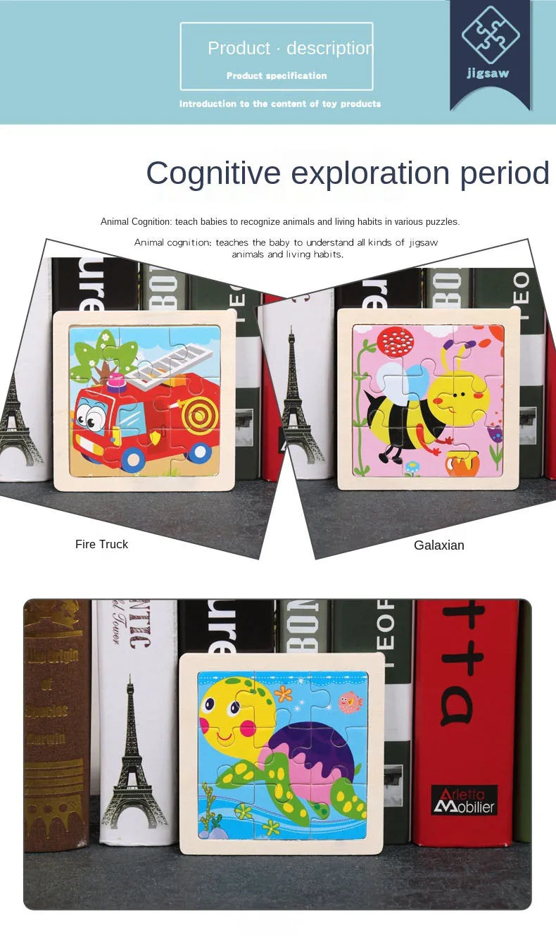 11cm/4.33in Wooden Jigsaw Puzzle Cartoon Animal Traffic Car Wood Puzzles for Kids Montessori Games Children Educational Toys