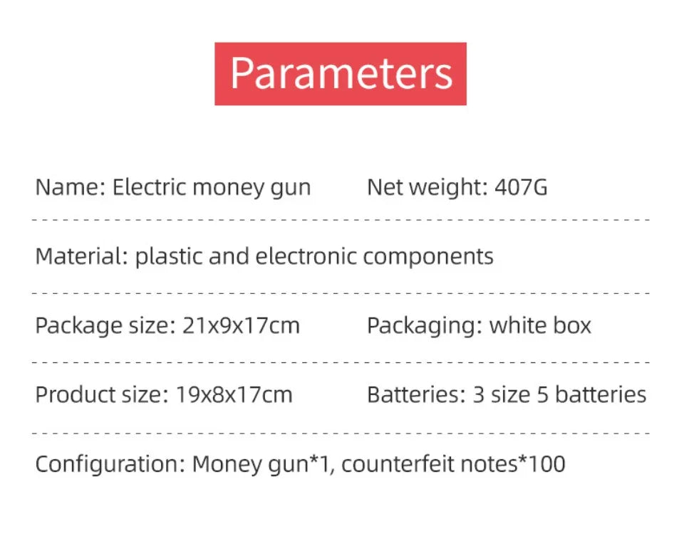 1PC Shoot Money Gun with 100PCS Toy Banknotes, Party Banknote Pistol Paper Money Shooter Interactive Game Showers of Cash