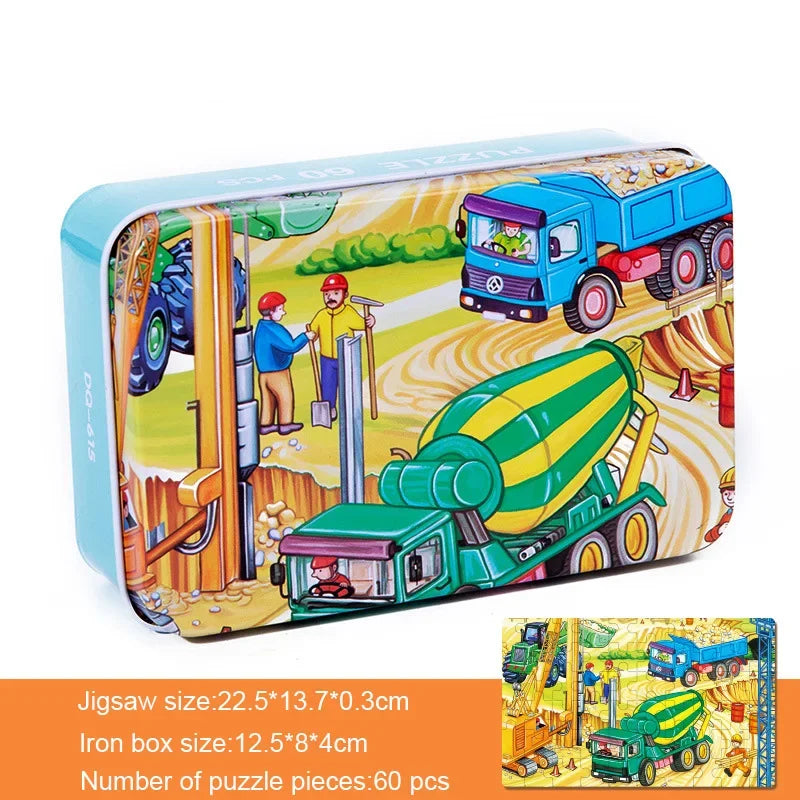 60 Pieces Wooden Puzzle Kids Cartoon Animal/Vehicle Print Jigsaw Puzzle Toy with Iron Box Baby Early Educational Toys Gift